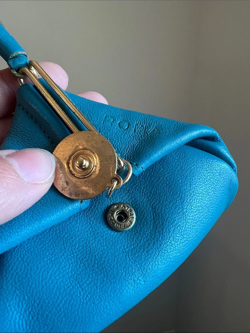 1970s Italian Handmade Leather Triangle Coin Purse Turquoise Roma Vintage EUC